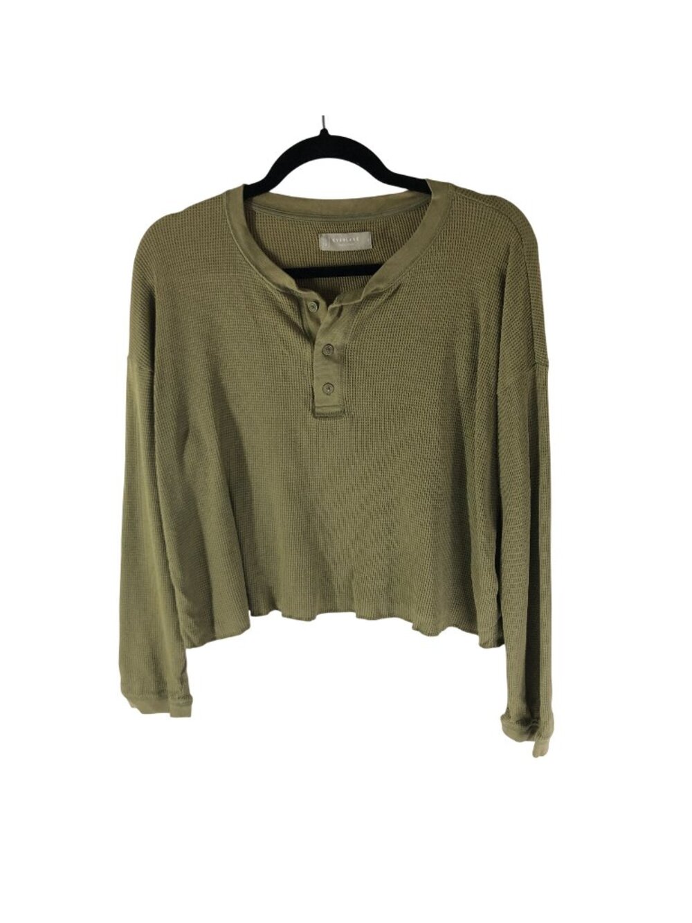 Everlane The Organic Cotton Waffle Henley Green Crop Relaxed Thermal Top S